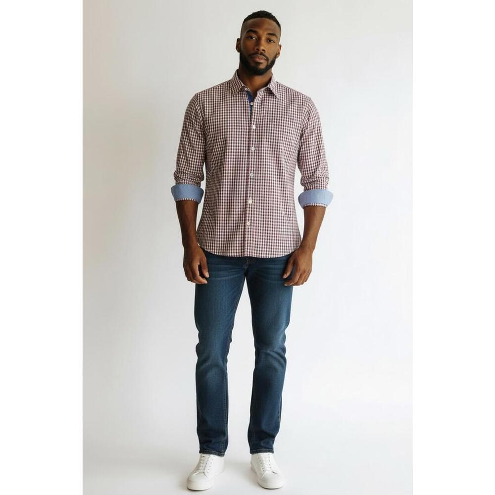 Men's Izod Red And Blue Gingham Button-Down Shirt, Size Medium